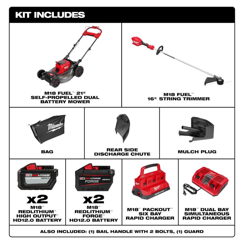 Milwaukee M18 FUEL 18V 21 in. Brushless Cordless Dual-Battery Self-Propelled Mower with 16 in. String Trimmer, (3) Batteries & Charger