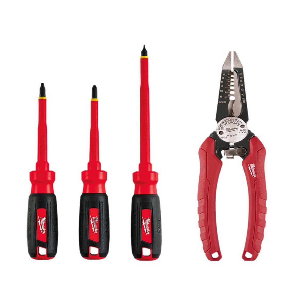 Milwaukee Electrician's 4‑Piece Insulated Hand Tool Set with Screwdrivers and 6‑in‑1 Wire Strippers, 1000V Rated