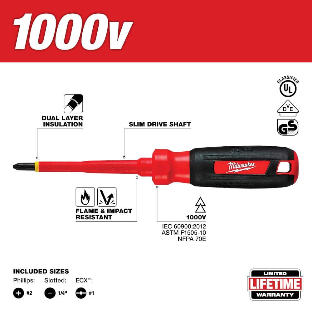 Milwaukee Electrician's 4‑Piece Insulated Hand Tool Set with Screwdrivers and 6‑in‑1 Wire Strippers, 1000V Rated