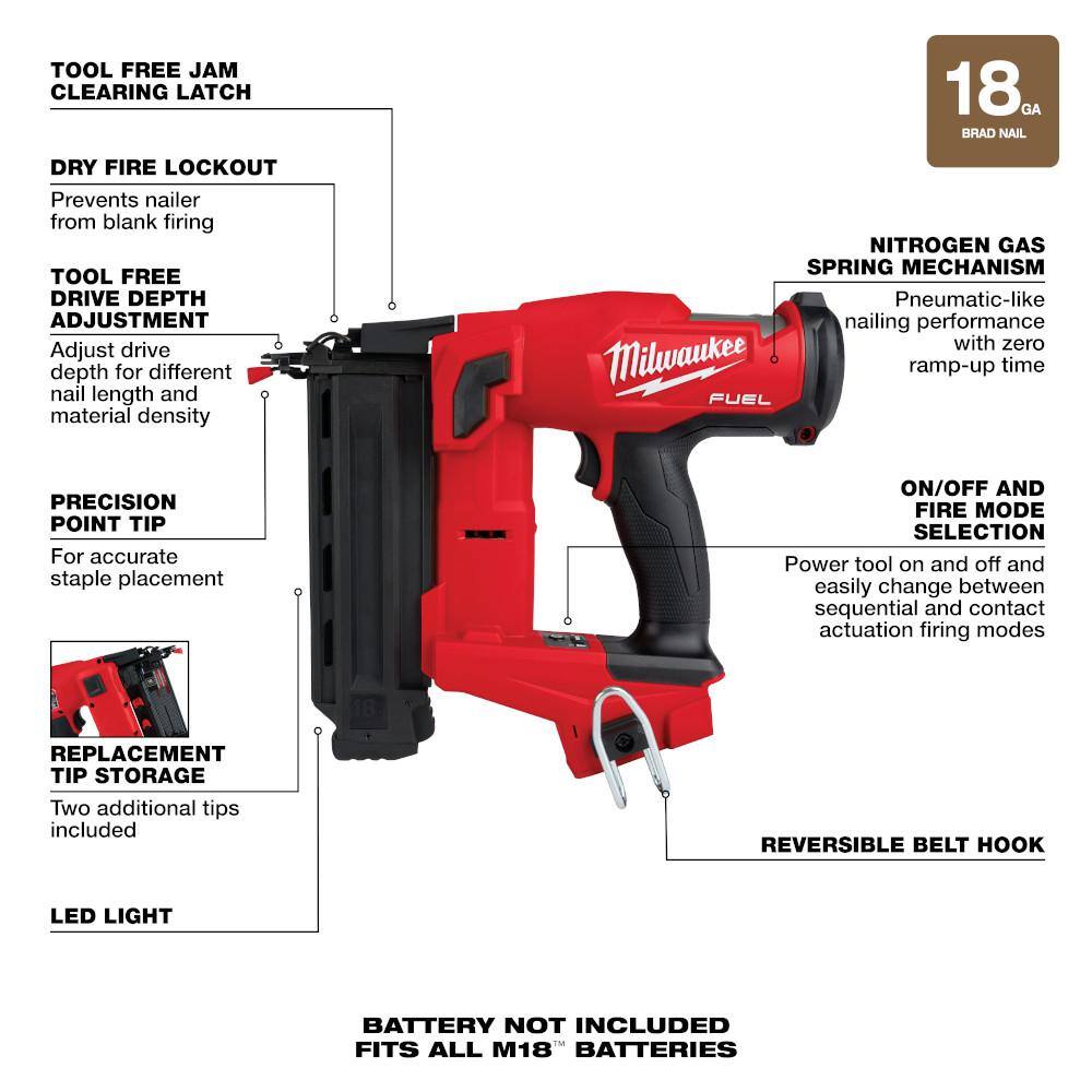Milwaukee M18 FUEL 18-Volt Lithium-Ion Brushless Cordless Gen II 18-Gauge Brad Nailer W/M18 SURGE 1/4 in. DRIVER & 8.0 Battery Kit