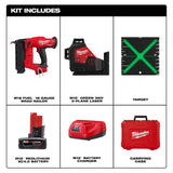 Milwaukee M18 FUEL 18GA Brad Nailer + M12 Green 360° 3-Plane Laser Kit w/ 4.0Ah Battery, Charger & Case