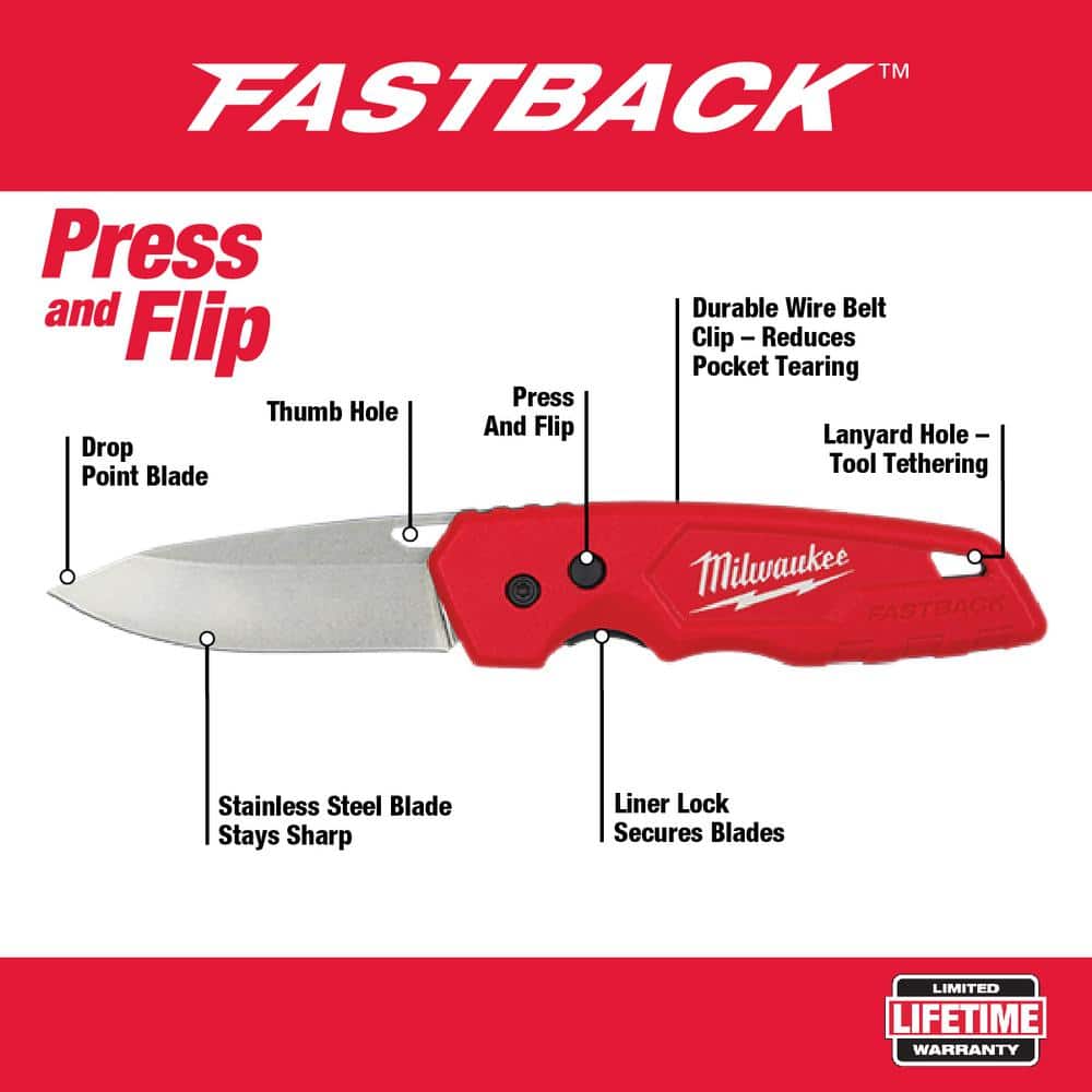 Milwaukee FASTBACK Stainless Steel Folding Knife with 2.95 in Blade and Compact Folding Knife with 2.5 in Blade (2-Piece)