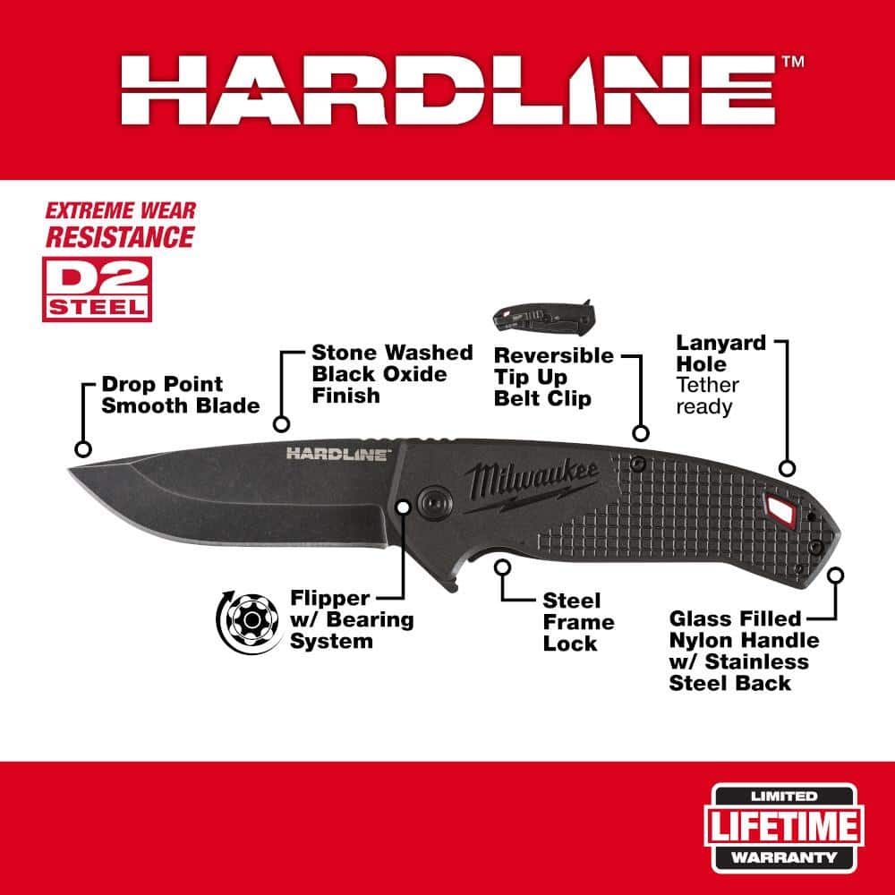 Milwaukee 3 in. Hardline D2 Steel Smooth Blade Pocket Folding Knife, 48-22-1994