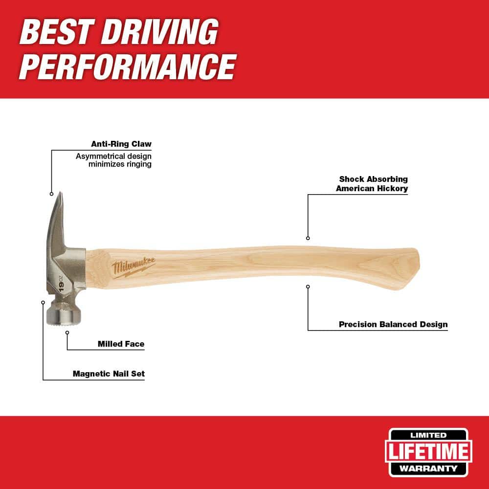 Milwaukee 19 oz. Wood Milled Face Hickory Framing Hammer with Hammer Loop, 16 in. Handle