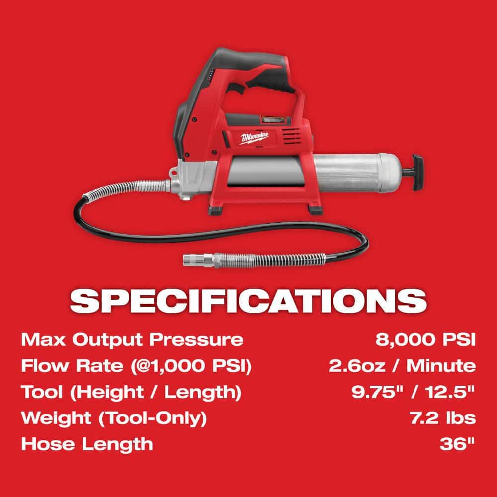 Milwaukee M12 12-Volt Lithium-Ion Cordless Grease Gun (Tool-Only), 8,000 PSI, 36-in Hose