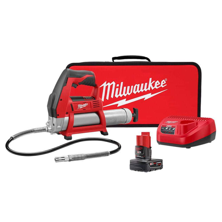 Milwaukee M12 12-Volt Lithium-Ion Cordless Grease Gun XC Kit with M12 Right Angle Drill, 8,000 PSI, 36 in. Hose