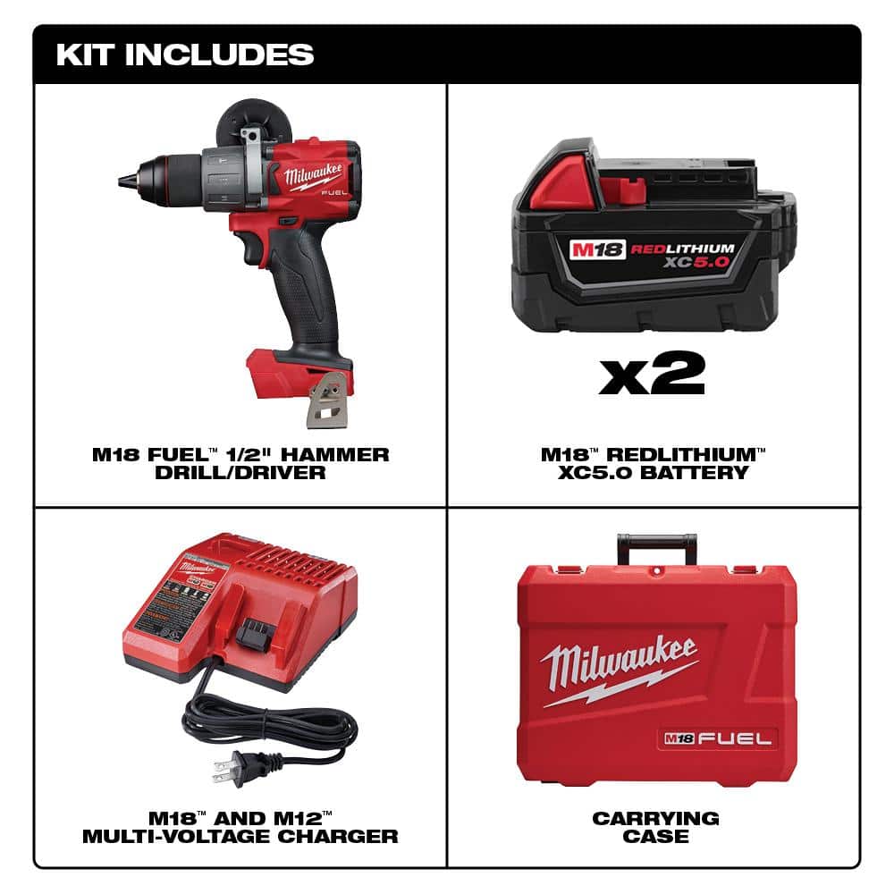 Milwaukee M18 FUEL 18V Brushless Cordless 1/2 in. Hammer Drill/Driver Kit with (2) 5.0Ah Batteries, Rapid Charger & Hard Case