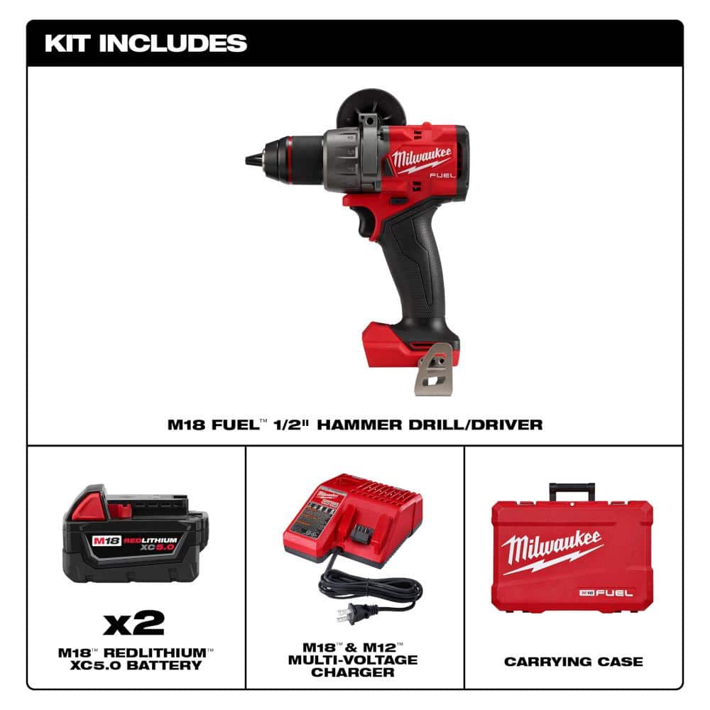 Milwaukee M18 FUEL 18V Li‑Ion Brushless 1/2 in. Hammer Drill/Driver Kit with High‑Torque Impact Wrench (2 Batteries, Charger, Case)