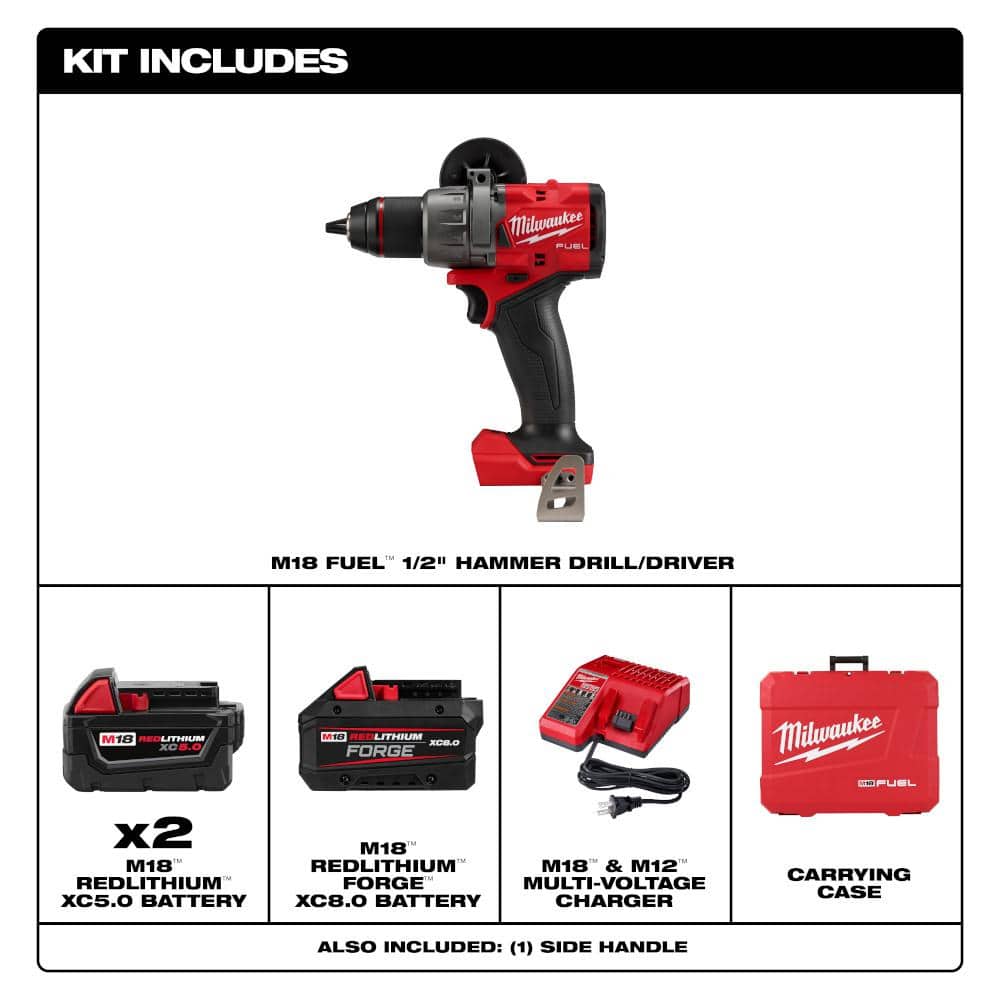 Milwaukee M18 FUEL 18V Lithium‑Ion Brushless Cordless 1/2 in. Hammer Drill/Driver Kit w/ (2) XC5.0 & (1) FORGE XC8.0 Batteries, Charger & Case