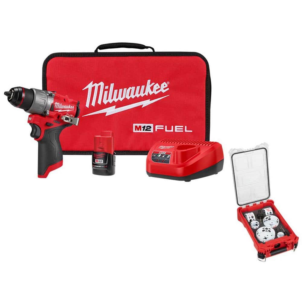 Milwaukee M12 FUEL 12-Volt Li-Ion Brushless Cordless 1/2 in. Hammer Drill with 2.0Ah Battery, Charger & PACKOUT Hole Saw Set (10-Pc)