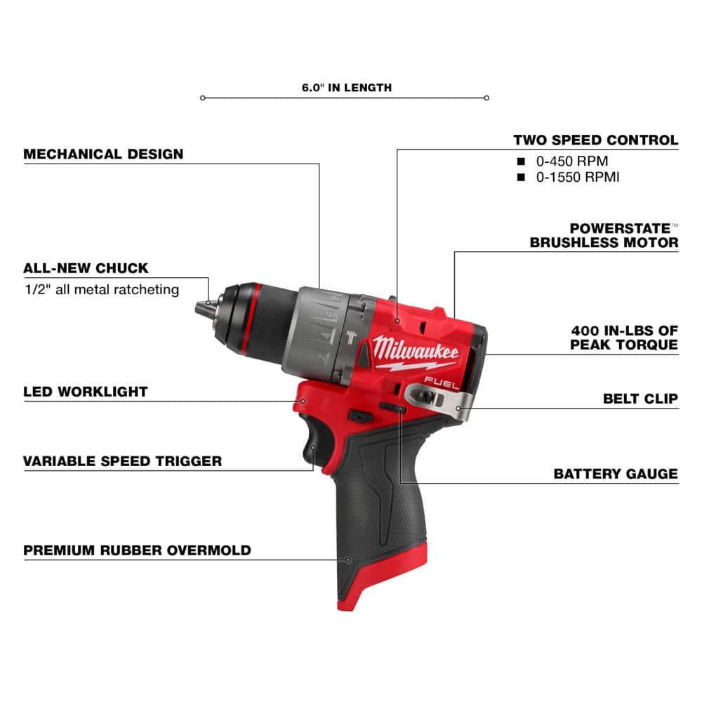 Milwaukee M12 FUEL 12-Volt Li-Ion Brushless Cordless 1/2 in. Hammer Drill with 2.0Ah Battery, Charger & PACKOUT Hole Saw Set (10-Pc)