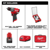 Milwaukee M12 FUEL 12-Volt Li-Ion Brushless Cordless 1/2 in. Hammer Drill with 2.0Ah Battery, Charger & PACKOUT Hole Saw Set (10-Pc)