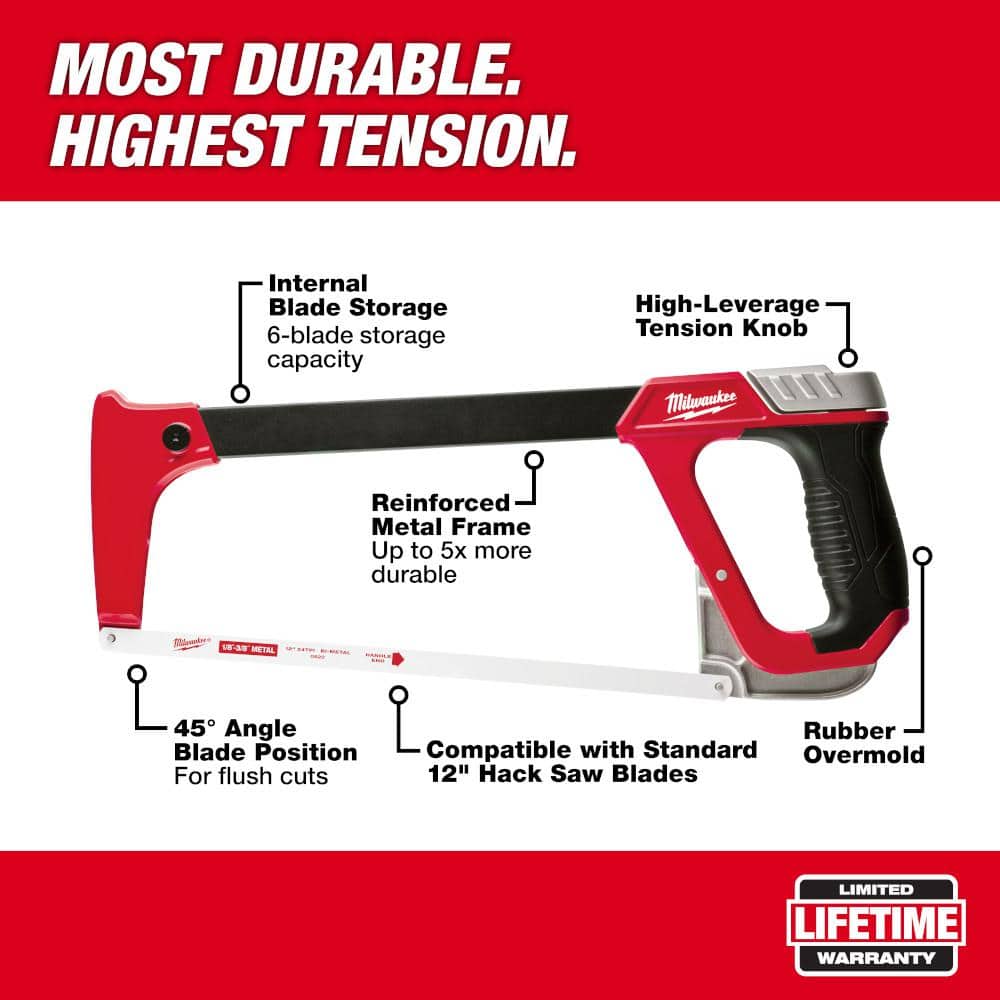 Milwaukee 12 in. High-Tension Hack Saw with 24 TPI Bi‑Metal Blade & Internal Blade Storage