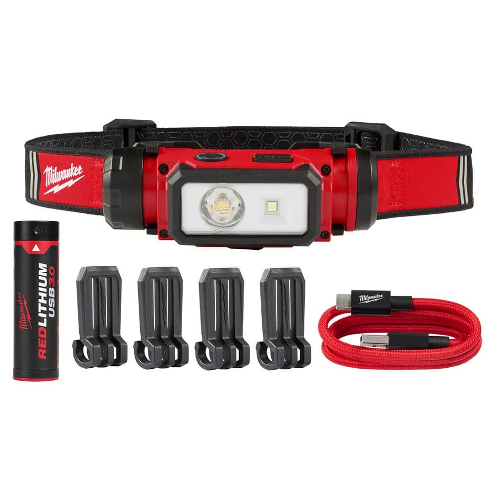 Milwaukee 500 Lumens LED Pivoting REDLITHIUM USB Flashlight and 600 Lumens LED REDLITHIUM Hard Hat Headlamp (2-Pack)