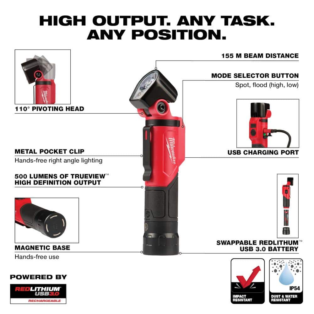 Milwaukee 500 Lumens LED Pivoting REDLITHIUM USB Flashlight and 600 Lumens LED REDLITHIUM Hard Hat Headlamp (2-Pack)