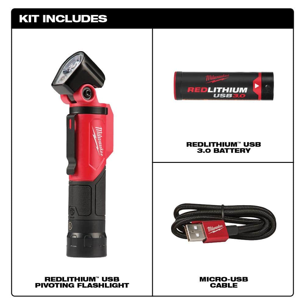 Milwaukee 500 Lumens LED Pivoting REDLITHIUM USB Flashlight and 600 Lumens LED REDLITHIUM Hard Hat Headlamp (2-Pack)