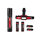 Milwaukee 800 Lumens LED USB Rechargeable HP Fixed Focus Flashlight + 600 Lumens Low-Profile Hard Hat Headlamp, 2-Pack