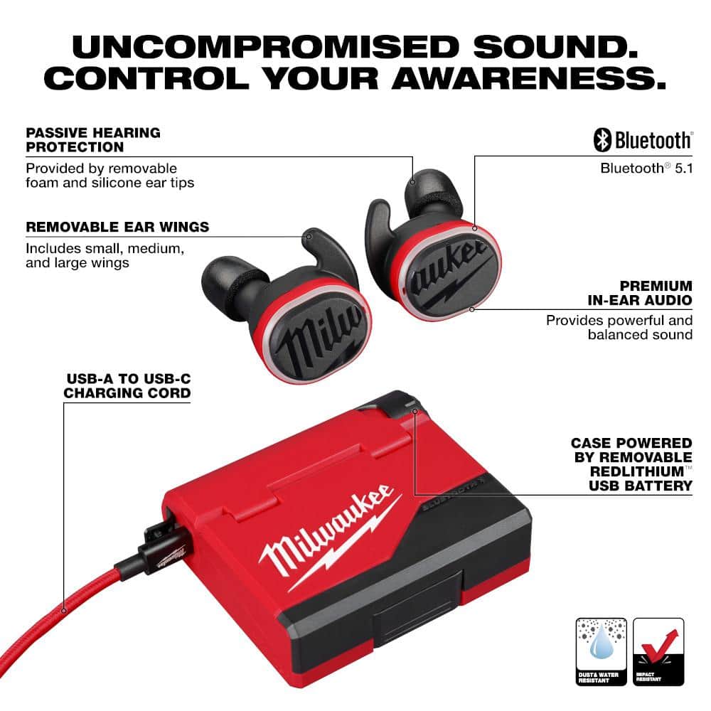 Milwaukee REDLITHIUM USB Bluetooth Jobsite Ear Buds, Noise-Cancelling In‑Ear, Red (2191-21)
