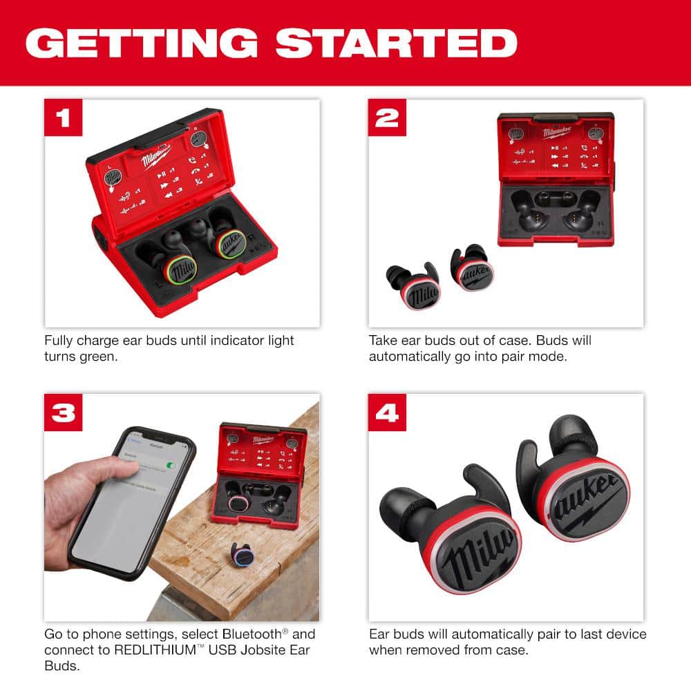 Milwaukee REDLITHIUM USB Bluetooth Jobsite Ear Buds, Noise-Cancelling In‑Ear, Red (2191-21)