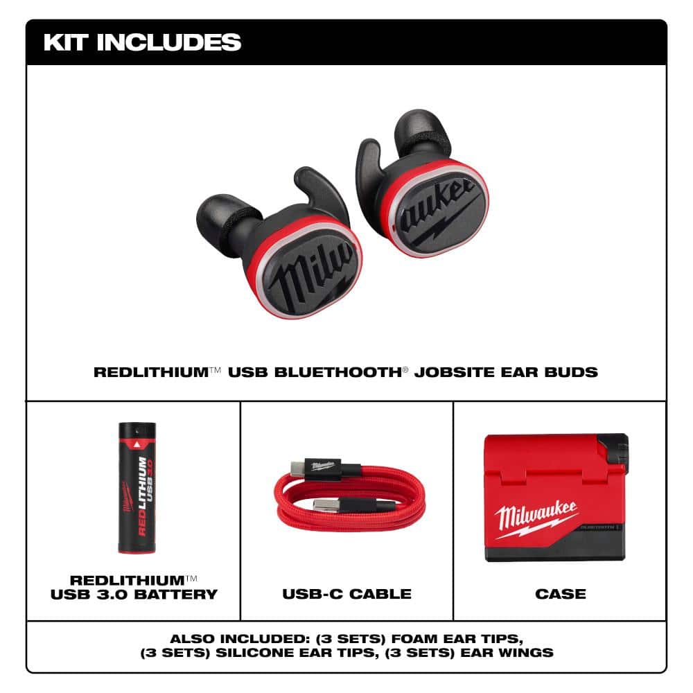 Milwaukee REDLITHIUM USB Bluetooth Jobsite Ear Buds, Noise-Cancelling In‑Ear, Red (2191-21)