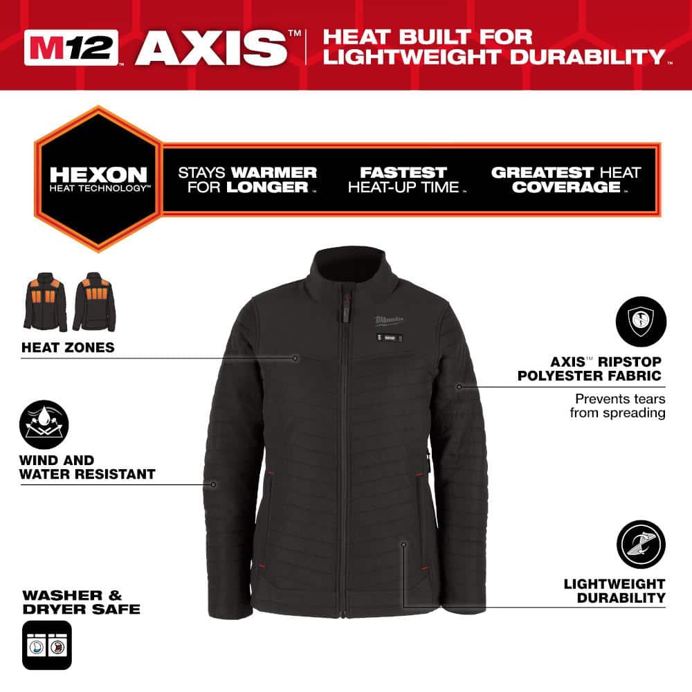 Milwaukee Women’s X-Small M12 12V Lithium-Ion Cordless AXIS Black Heated Jacket Kit with (1) 3.0 Ah Battery and Charger