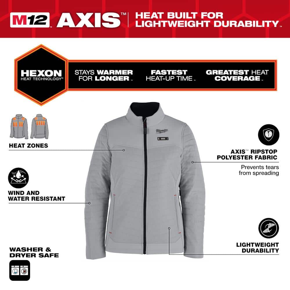 Milwaukee Women’s X-Small M12 12V Lithium-Ion Cordless AXIS Gray Heated Jacket Kit with (1) 3.0 Ah Battery and Charger