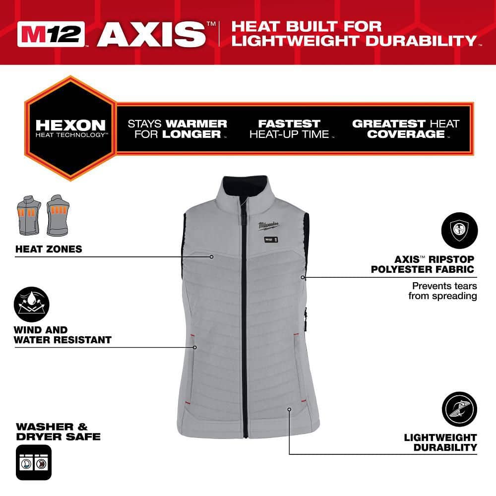 Milwaukee Women’s Medium M12 12-Volt Lithium-Ion Cordless AXIS Gray Heated Vest Kit with (1) 2.0Ah Battery and Charger