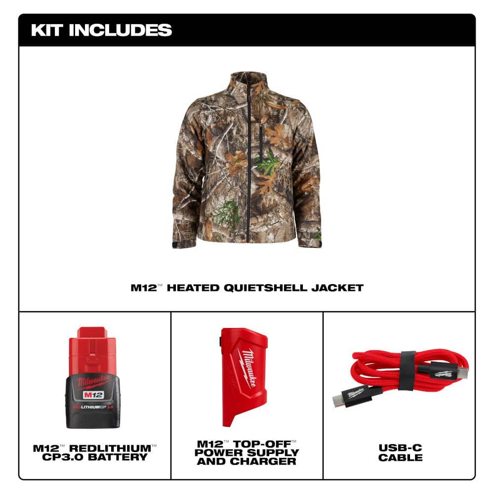 Milwaukee Men's Small M12 12V Lithium-Ion Cordless QUIETSHELL Camo Heated Jacket Kit with (1) 3.0 Ah Battery and Charger