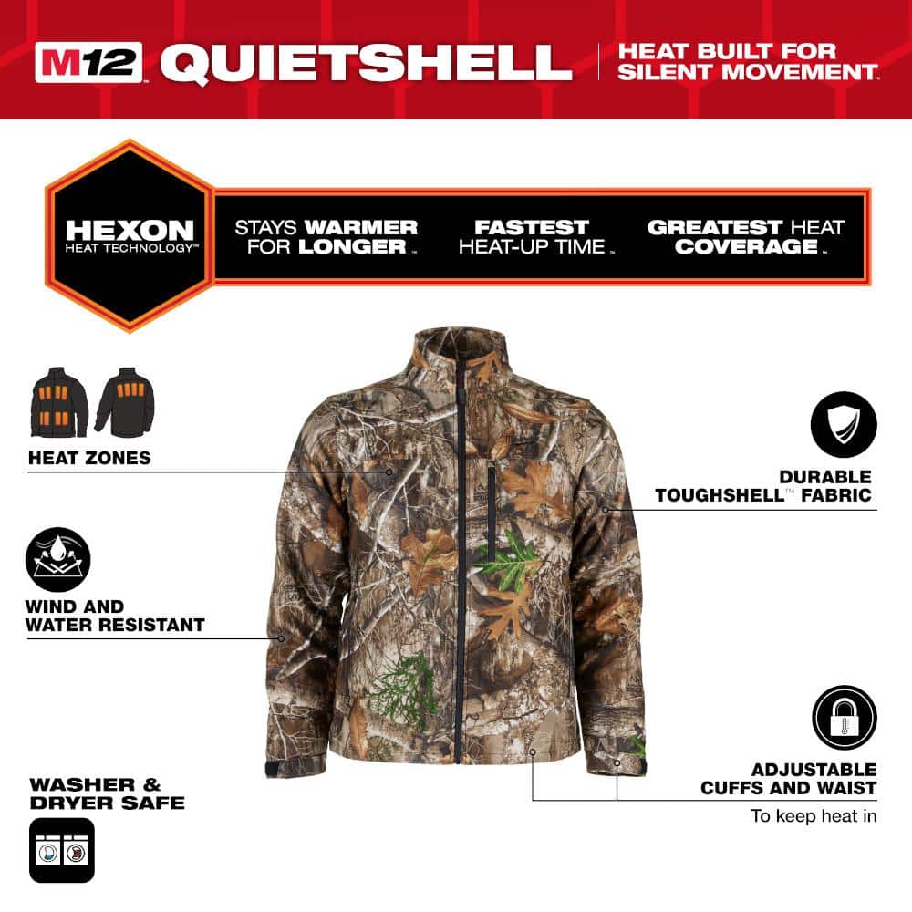 Milwaukee Men's Small M12 12V Lithium-Ion Cordless QUIETSHELL Camo Heated Jacket Kit with (1) 3.0 Ah Battery and Charger