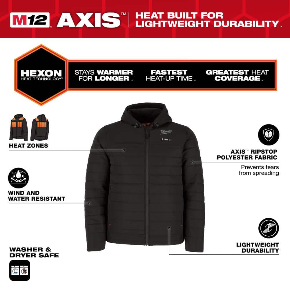 Milwaukee Men’s Medium M12 12V Lithium-Ion Cordless AXIS Black Heated Jacket Kit with (1) 3.0 Ah Battery and Charger