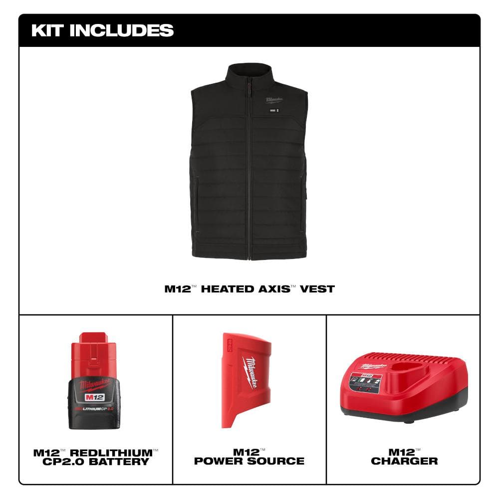 Milwaukee Men's Large M12 12-Volt Lithium-Ion Cordless AXIS Black Heated Vest Kit with (1) 2.0 Ah Battery and Charger
