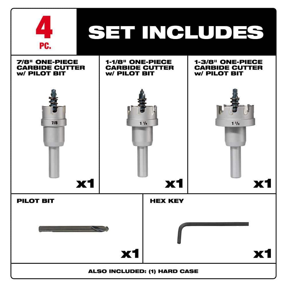 Milwaukee Carbide Hole Cutter Kit, 4-Piece (7/8 in., 1-1/8 in., 1-3/8 in.)