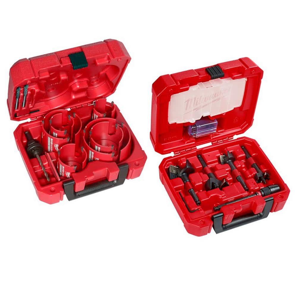 Milwaukee BIG HAWG Carbide Hole Saw Kit with PACKOUT Case & SWITCHBLADE Plumbers Selfeed Bits Set (14-Piece)