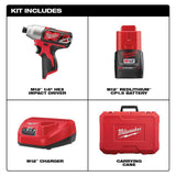 Milwaukee M12 12-Volt Lithium-Ion Cordless 1/4 in. Hex Impact Driver Kit with (2) 1.5Ah Batteries, Charger & Case