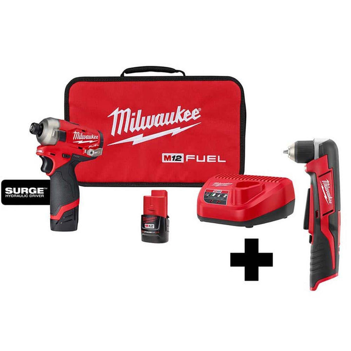 Milwaukee M12 FUEL SURGE 12V Brushless Cordless 1/4 in. Hex Impact Driver Compact Kit with M12 Right Angle Drill