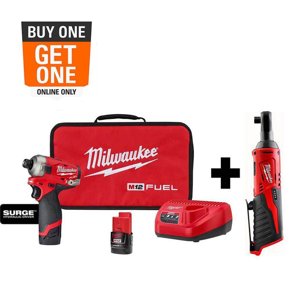 Milwaukee M12 FUEL SURGE 12V Brushless 1/4 in. Hex Impact Driver Compact Kit with Free M12 3/8 in. Ratchet