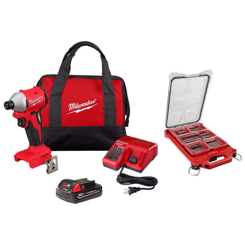 Milwaukee M18 18V Compact Brushless Cordless 1/4 in. Impact Driver Combo Kit with REDLITHIUM CP2.0 Battery, Charger, Bag & SHOCKWAVE Bit Set (3650-21P-48-32-4082)
