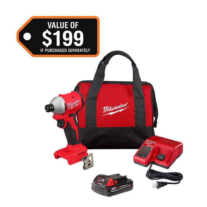 Milwaukee M18 18-Volt Lithium-Ion Compact Brushless Cordless 1/4 in. Impact Driver Kit with One 2.0 Ah Battery, Charger & Tool Bag