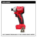 Milwaukee M18 18V Brushless Cordless 1/4 in. Hex Impact Driver, Tool Only (Model 2850-20/Compact)