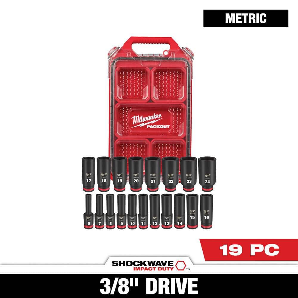 Milwaukee SHOCKWAVE Impact-Duty 3/8 in. Drive Metric Deep Well PACKOUT Socket Set (19-Piece)