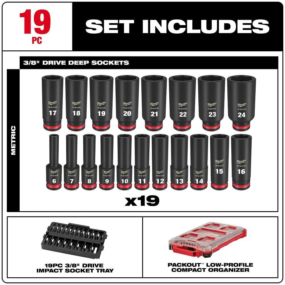 Milwaukee SHOCKWAVE Impact-Duty 3/8 in. Drive Metric Deep Well PACKOUT Socket Set (19-Piece)