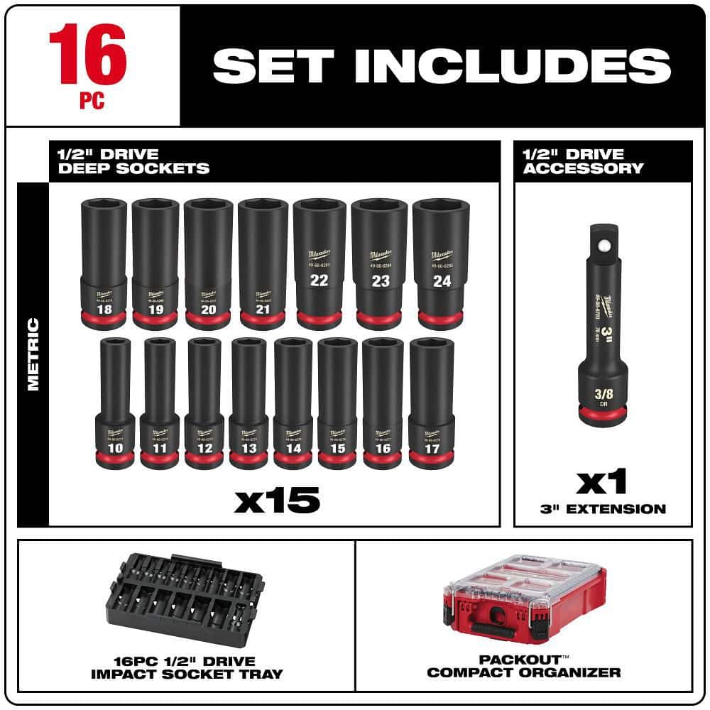 Milwaukee SHOCKWAVE Impact Duty 1/2 in. Drive Metric Deep Well PACKOUT Socket Set (16-Piece) with Screw Driver Bit Set (120-Piece)