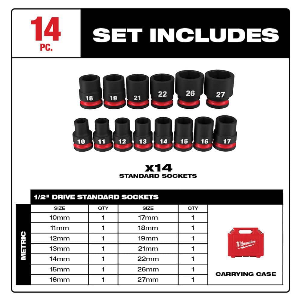 Milwaukee SHOCKWAVE 1/2 in. Drive Metric 6-Point Impact Socket Set (14-Piece)
