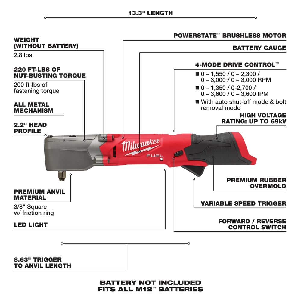 Milwaukee M12 FUEL 12V Brushless Cordless 3/8 in. & 1/2 in. Right Angle Impact Wrench Kit (2-Tool) with 2 Batteries & Charger
