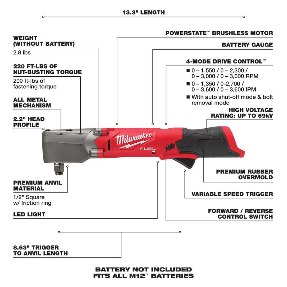 Milwaukee M12 FUEL 12V Brushless Cordless 3/8 in. & 1/2 in. Right Angle Impact Wrench Kit (2-Tool) with 2 Batteries & Charger