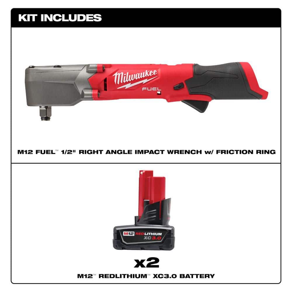 Milwaukee M12 FUEL 12V Lithium‑Ion Brushless Cordless 1/2 in. Right Angle Impact Wrench with 1.5 Ah Battery Pack (2-Pack)
