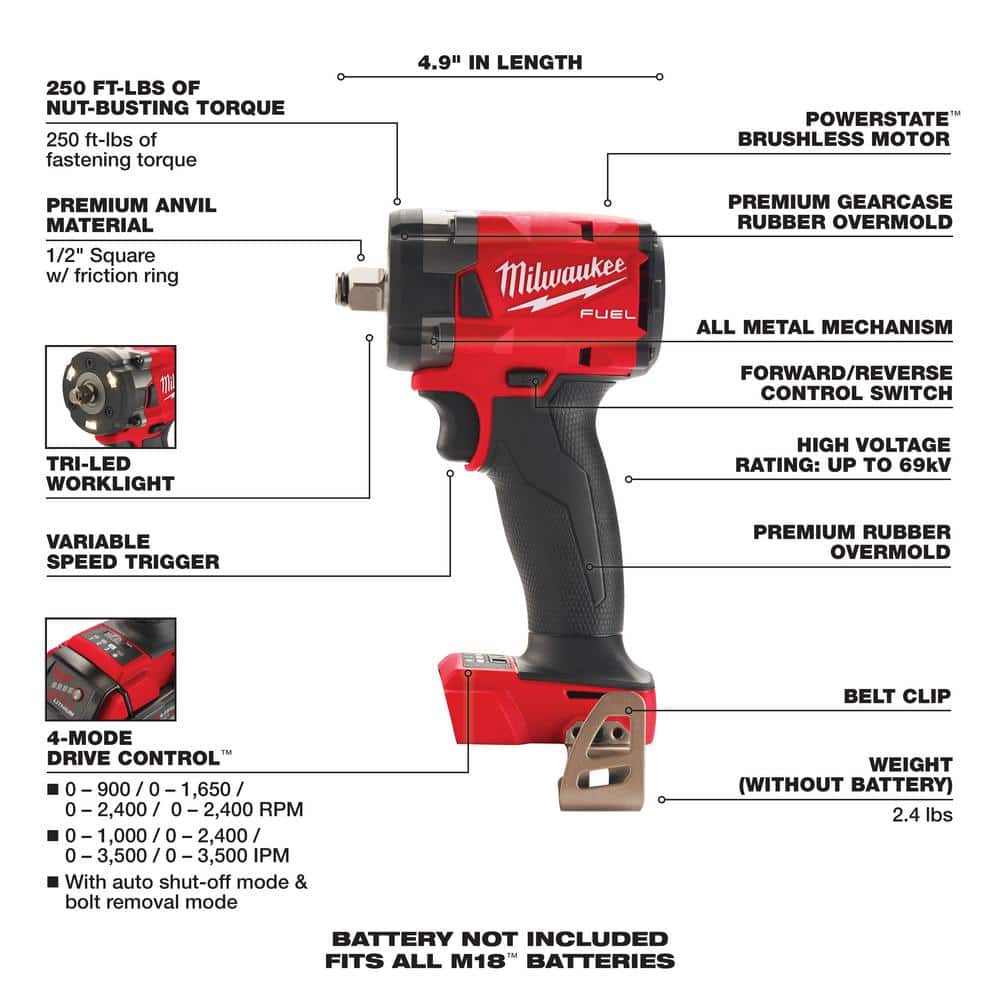Milwaukee M18 FUEL GEN-3 18V Brushless Cordless 3/8 in. Compact Impact Wrench w/ Friction Ring + 6.0Ah FORGE Battery