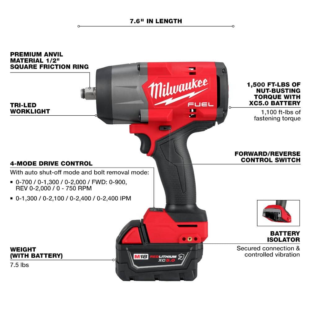 Milwaukee M18 FUEL 18V Brushless Cordless 1/2 in. High Torque Impact Wrench Kit w/ Friction Ring, 5.0Ah Battery, Charger & Bag