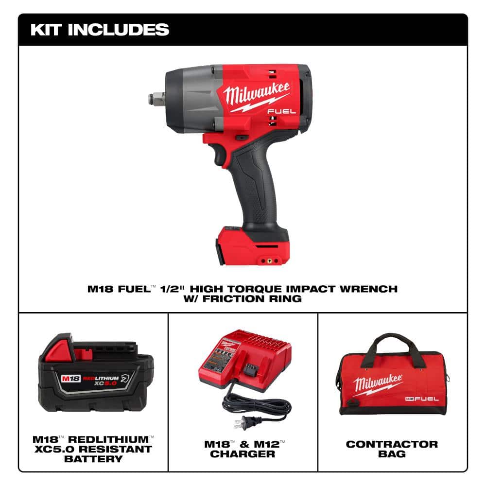 Milwaukee M18 FUEL 18V Brushless Cordless 1/2 in. High Torque Impact Wrench Kit w/ Friction Ring, 5.0Ah Battery, Charger & Bag