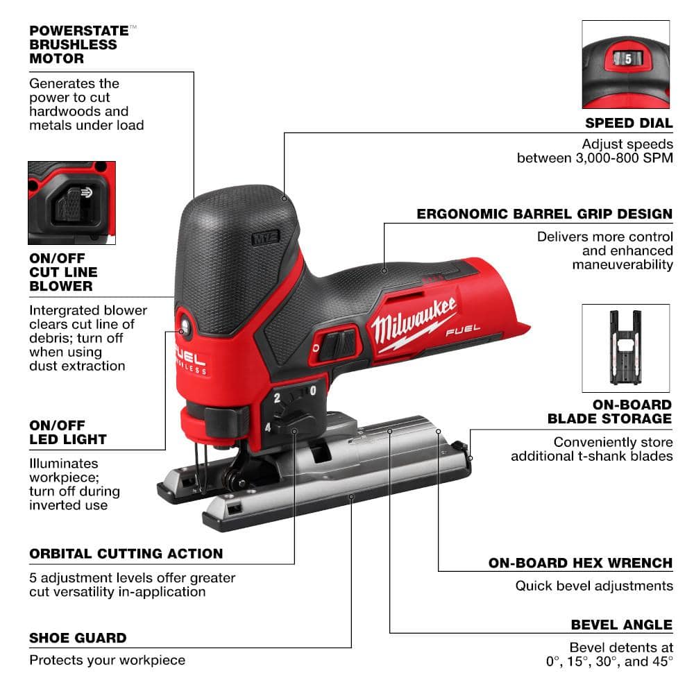 Milwaukee M12 FUEL 12V Lithium-Ion Cordless Jig Saw with M12 2‑Tool Combo Kit, 7/8 in. Stroke